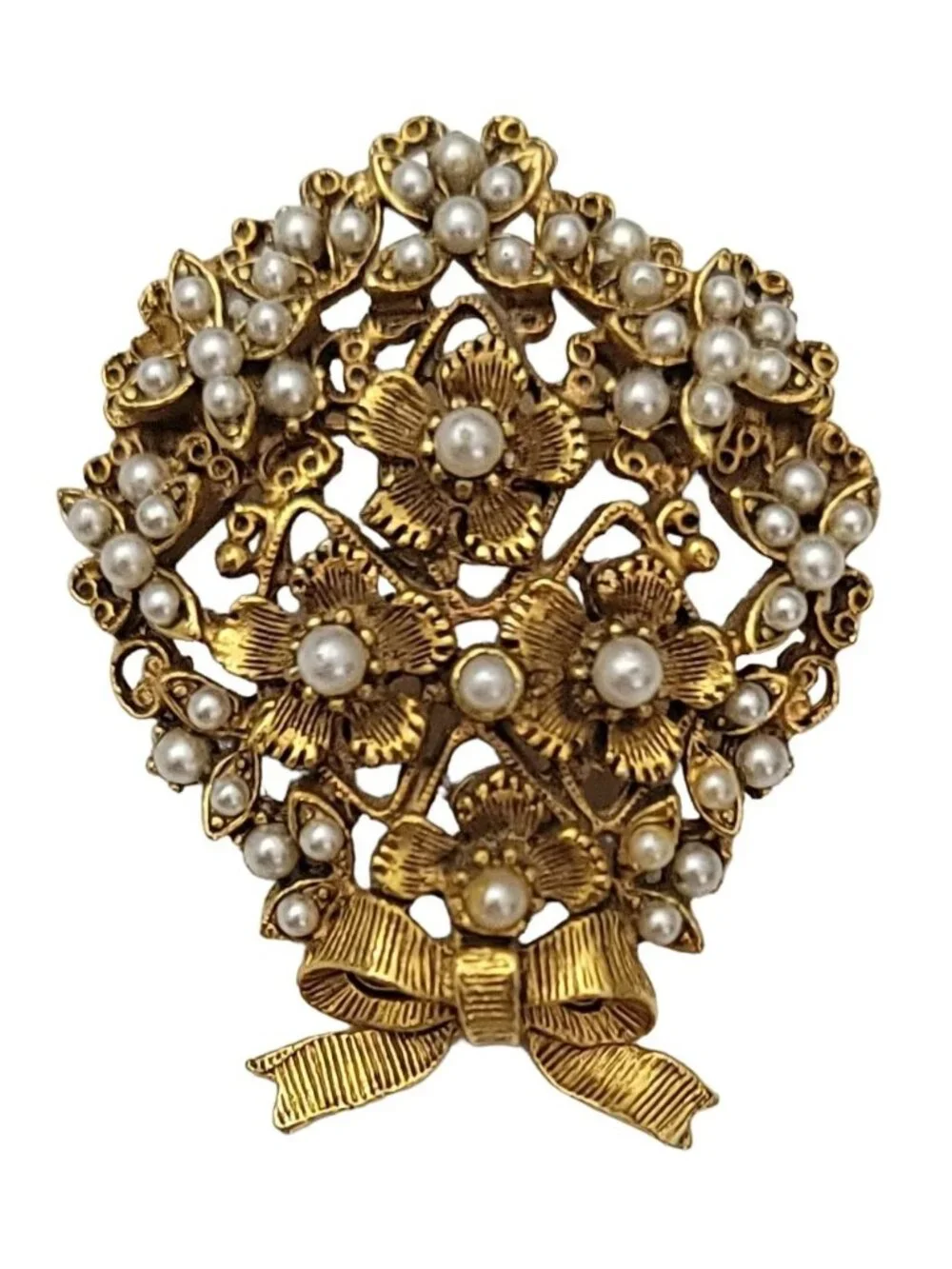 Florenza Gold Tone Faux Pearl Bouquet Of Flowers Pin Brooch, Signed M967